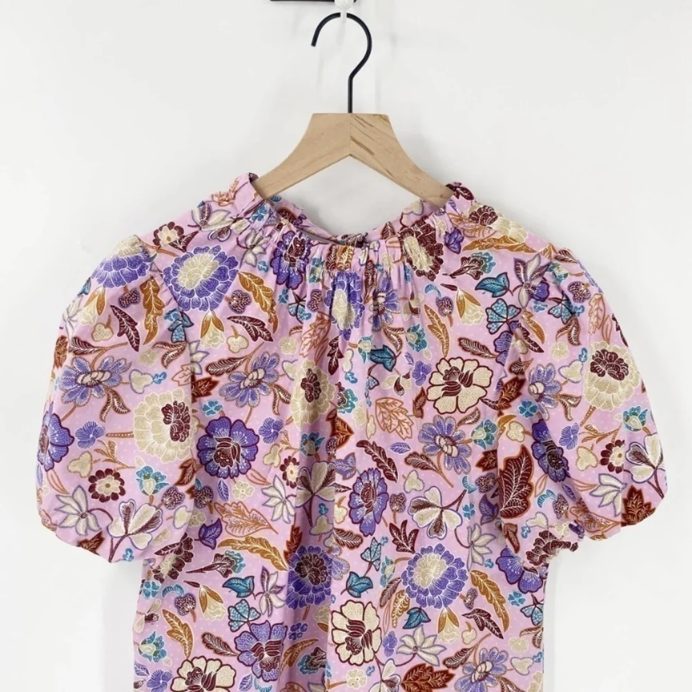Ann Taylor Purple & Pink Batik Floral Tie Nape Puff Sleeve Blouse - Picture 8 of 11